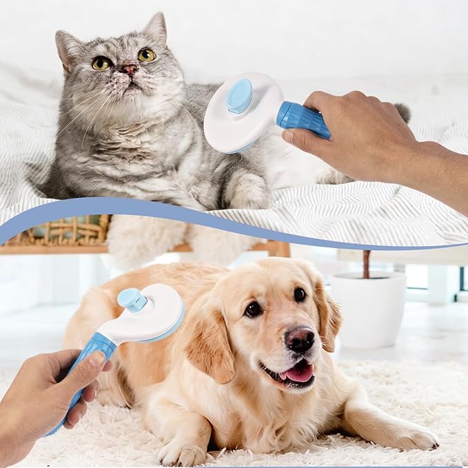 Self Cleaning Slicker Brush, Dog Cat Bunny Pet Grooming Shedding Brush - Easy to Remove Loose Undercoat, Pet Massaging Tool Suitable for Pets with Long or Short Hair (Blue)