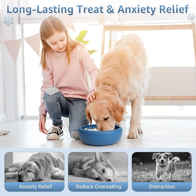 Dog Lick Bowl, ZOURYNUA Non-Slip Slow Feeder Dog Bowls, Enrichment Licking Mat for Distraction, Anxiety Relief Treat Dispenser Freezer, BPA Free Silicone & Dishwasher Safe (Dark Blue, Large)