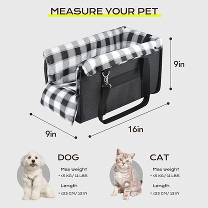 Center Console Dog Car Seat, Detachable and Washable Inner Lining Dog Car Seat Anti-Collapse Small Dog Pet Car Seat with Safety Belt Up to 11lbs(Black)