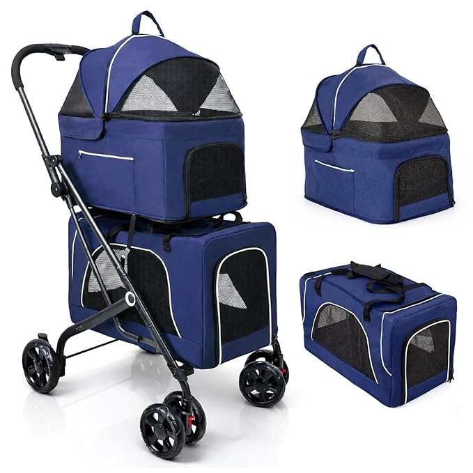 Petmolico Double Pet Stroller for 2 Cats/Dogs Strollers,2 Detachable Cat Carrier,No-Zip Double Pet Travel Storller for Small/Medium Dogs(Blue&Black)