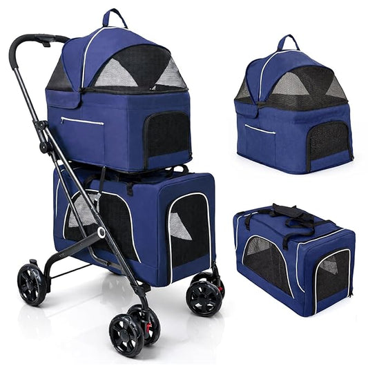 Petmolico Double Pet Stroller for 2 Cats/Dogs Strollers,2 Detachable Cat Carrier,No-Zip Double Pet Travel Storller for Small/Medium Dogs(Blue&Black)