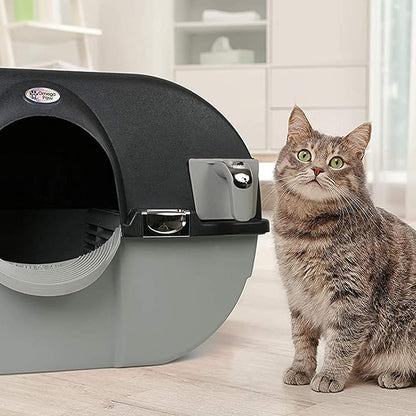 Omega Paw Self Cleaning Cat Litter Box, Elite Roll 'N Clean Litter Box, Regular Size for Kittens and Cats 10 lbs and Under, Black Color (EL-RA15-1) with Integrated Litter Step and Chrome Accents