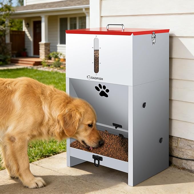 GADFISH 60 lbs Large Automatic Dog Feeder, Outdoor Heavy Duty Pet Feeder for Large Breed Dogs, with Viewing Window and Lockable Door