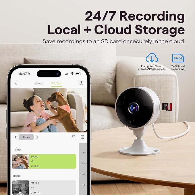 2K Wireless Cameras for Home Security Camera, Pet Camera Indoor with Phone App, Night Vision, Motion Alert, 24/7 SD&Cloud Record, Two-Way Audio, Security Camera Indoor Works with Alexa&Google
