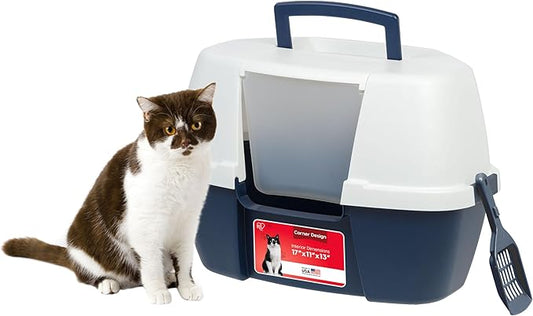 IRIS USA Corner Cat Litter Box - Enclosed Corner Litter Box with Scoop, Hooded Litter Tray for Corners, Space-Saving Covered Litter Box, Odor Defensive, Navy/White