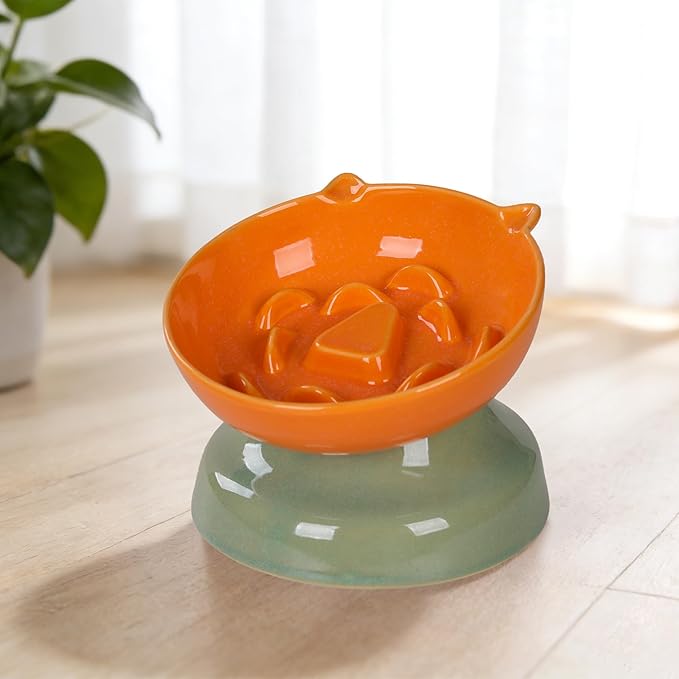 Ceramic Slow Feeder Dog Bowl, Elevated Maze Food Dish with Heavy Base, Anti Choking & Reduce Bloating, Raised Feeding Bowl for Small Medium Dogs (Orange)