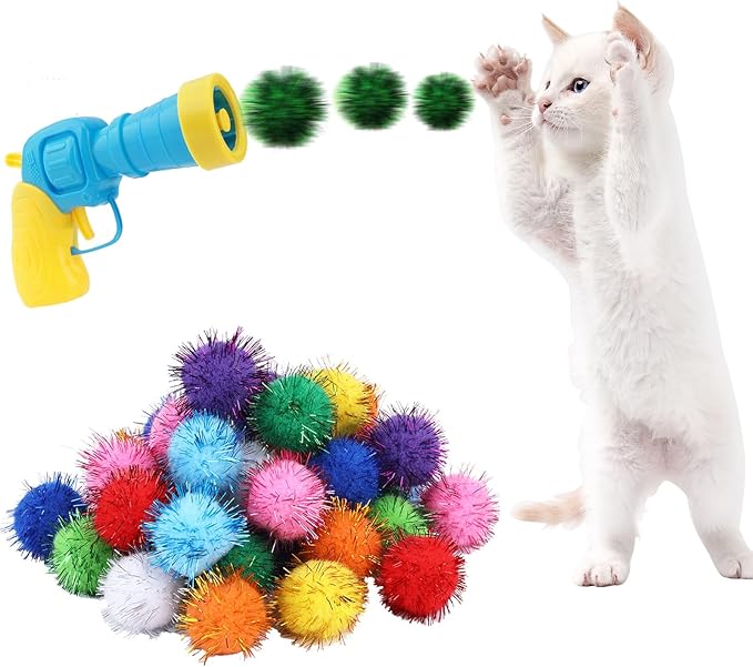 Dorhui Cat Toy Gun Launcher, 30 Pcs Sparkle Pom Pom Balls and Cat Ball Launcher, Cat Fetch Toy Gun Shooter for Indoor, Interactive Glitter Pom Pom Balls for Kitty Gifts