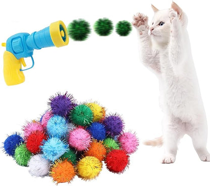 Dorhui Cat Toy Gun Launcher, 30 Pcs Sparkle Pom Pom Balls and Cat Ball Launcher, Cat Fetch Toy Gun Shooter for Indoor, Interactive Glitter Pom Pom Balls for Kitty Gifts