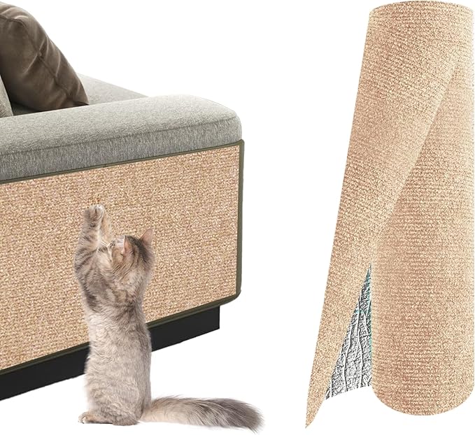 1Pack Total 39.3"x15.8" Cat Scratch Mat for Cat Couch Furniture and Wall Protector | Trimmable Self-Adhesive Carpet Climb Cat Scratcher for Covering Cat Tower and Replacement Pads (Khaki)