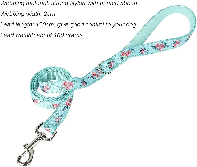 Dog Leash Flower Pattern, 4 Feet Length, Durable Nylon with Ribbon for Small, Medium and Large Dogs.(Medium, Green Floral Leash)