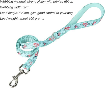 Dog Leash Flower Pattern, 4 Feet Length, Durable Nylon with Ribbon for Small, Medium and Large Dogs.(Medium, Green Floral Leash)