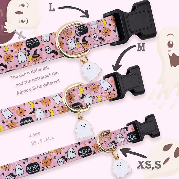 Faygarsle Halloween Fall Dog Collar - Fashionable & Cute for Small to Large Dogs - Pink Cotton Collar with Spectre Pumpkin Pattern - XS