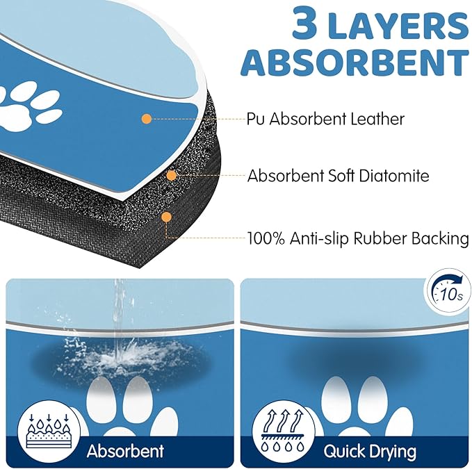 Absorbent Dog Mat for Food And Water, 24''x16'' Non Slip Rubber Base Cat Feeding Mat, Anti-Scratch Cat Mats for Food Bowls for Floors, Large Dog Mat For Bowls Designed for Multiple Pets Families, Blue