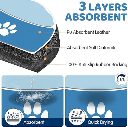 Dog Food Mat Half Round - 28''x17'' Absorbent Mat for Dog Water Bowl, Extra Large Pet Food Mat for Multiple Pets Families, Pet Water Mat Protect Floor, Fit with Automatic Feeders & Double-Bowl, Blue