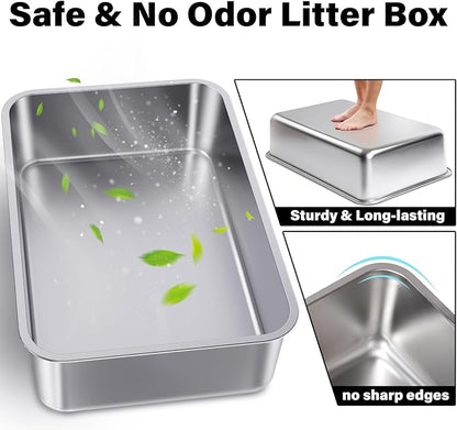 Stainless Steel Litter Box, 23.6"x15.7"x6"(Height) Metal Litter Box 4 Pack,Easy to Clean,Non Stick No Smell Steel Cat Litterbox,XL