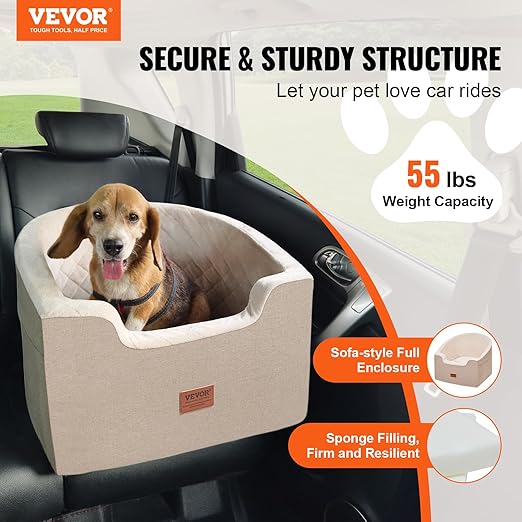 VEVOR Dog Car Seat, Waterproof Dog Booster Seat for Car with a Storage Pocket, Clip-On Safety Leash and Sponge Filling, Pet Bed for Small & Medium Dogs up to 55lbs, Brown