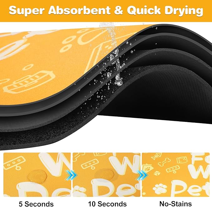 Pet Feeding Mat,Dog Cat Mat for Food and Water,Dog Bowl Waterproof Placemat with Rubber Backing,Absorbent Quick Dry Water Dispenser Mat for Pet（Orange 16"×24"）