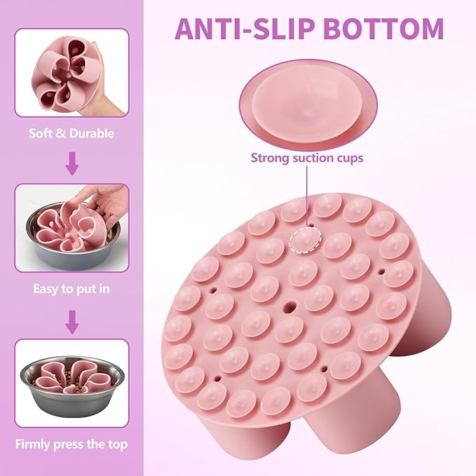 Slow Feeder Dog Bowls Insert, Bestalk Soft Silicone Slow Eating Dog Bowl Insert with Suction Cups for Small, Medium and Large Dogs(Pink M)
