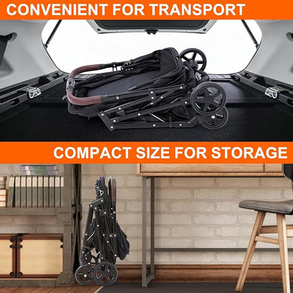 NO-Zip Pet Stroller for Small Dogs & Cats, Lightweight Dog Stroller with Reflective Safety Strips, One-Hand Fold, Claw-Proof Mesh, Breathable Travel Carriage, 33lbs Capacity, Black