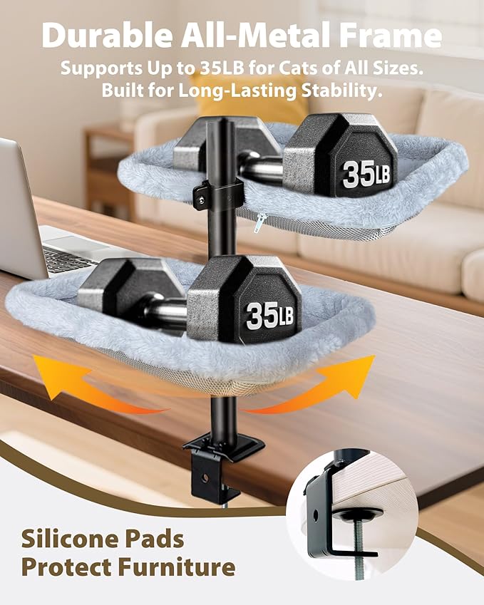 L&W BROS. Double Layer Cat Desk Bed – Adjustable Desk Perch with Metal Frame, 45LB/Layer, Washable Covers, for Multi-Cat Homes
