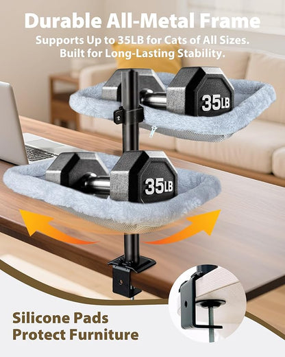 L&W BROS. Double Layer Cat Desk Bed – Adjustable Desk Perch with Metal Frame, 45LB/Layer, Washable Covers, for Multi-Cat Homes
