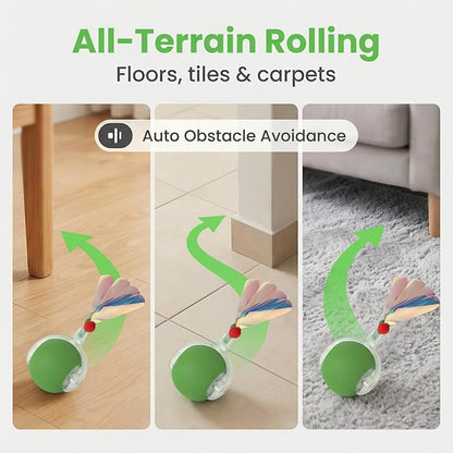 JBD Interactive Cat Toy Ball for Indoor Cats-Silent Automatic Rolling & Self Moving Electric Kitten Toys, USB Rechargeable Smart Ball with Tail, Motion Activated Hunting Exercise for Bored Cats Green