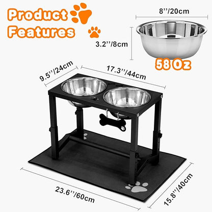 Elevated Dog Bowls, 4 Height Adjustable Metal Raised Bowl Stand with 2 Thick Stainless Steel Food Bowls & Spill-Proof Mat, Adjusts to 13.6'', 12.2'', 10.9'', 9.5'' for Large/Medium Breeds. Black