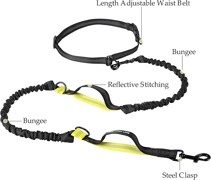 Mile High Life | Retractable Hands Free Dog 7FT Leash | Waist Running Adjustable | Reflective Dual Black Bungees | Dual Handles | Small Medium Large Dogs | (Lemon Yellow)