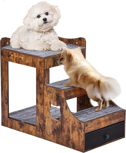 VEVOR Pet Bunk Bed with Removable Stairs, Dog/Cat Window Perch with Storage, Multi-Level Bed Window Perch Dog Bedside Sleeper Couch, Small Pet Seat Platform, Indoor Use (Rustic Brown)