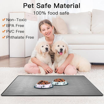 Ultibe Silicone Pet Food Mats - Largest Dog Feeding Tray, Waterproof, 48" x 32", Gray Green