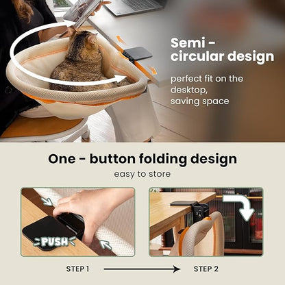 Cat Desk Bed - One-Click Folding, Sunken Design & Space-Saving Semi-Circular Cat Bed, Mesh Cover Material, Suitable for Various Desktops-Maximum Hold Up to 40lb