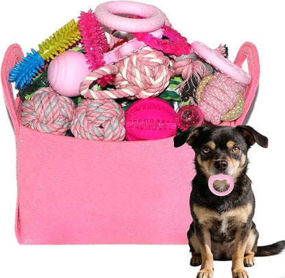 Puppy Toys Set - 20 Pack Pink Dog Chew Toys for Teething Small Breeds - Tough Rope Toys for Puppies, Cute Soft Rubber Toys Bundle with Basket for Girl Pets
