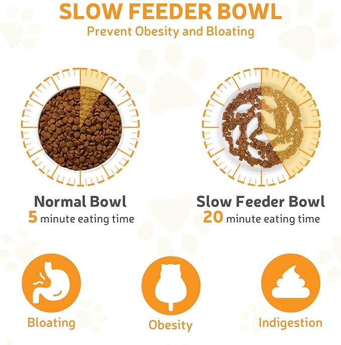 Raised Slow Feeder Cat Bowl with Stand, 6.3'' Wide Ceramic Elevated Shallow Slow Eating Cat Bowl for Dry/Wet Food, Anti-Vomiting Pet Puzzle Feeder, Whisker Friendly, Dishwasher Safe (White)