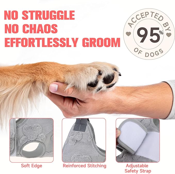 PAWCHIE Dog Grooming Hammock Harness for Dogs & Cats with Pet Nail Clipper Trimmer,Cat Hanger Sling for Trimming Clipping Nails,Warm Plush Dog Hammock Restraint Bag for Small Medium Large Dogs,Grey S