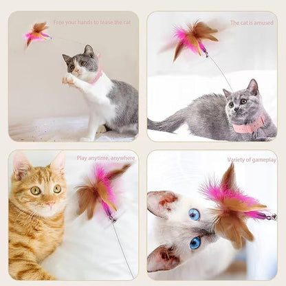Interactive Cat Toy, Cat Teaser Wand Collar with Silicone Collar, Feather Toys for Kitten Play, Pink