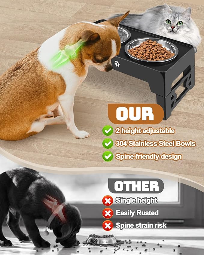 Elevated Dog Bowls for Small Dogs and Cats, Non-Slip Cat Bowls with 2 Thick 5.5" Stainless Steel Dishes, Dog Feeder 2 Heights Adjustable to 2.6"-5.3"