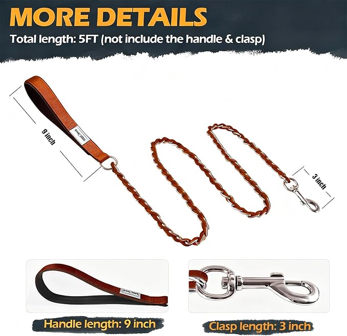 Chain Dog Leash Chew Proof Metal Leash for Medium Large Dogs, Chain Link Dog Anti Chew 5.2FT / 4FT Strong Anti Bite Comfortable Soft Padded Handle (Brown, 5.2FT(30-80lb))