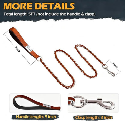 Chain Dog Leash Chew Proof Metal Leash for Medium Large Dogs, Chain Link Dog Anti Chew 5.2FT / 4FT Strong Anti Bite Comfortable Soft Padded Handle (Brown, 5.2FT(30-80lb))