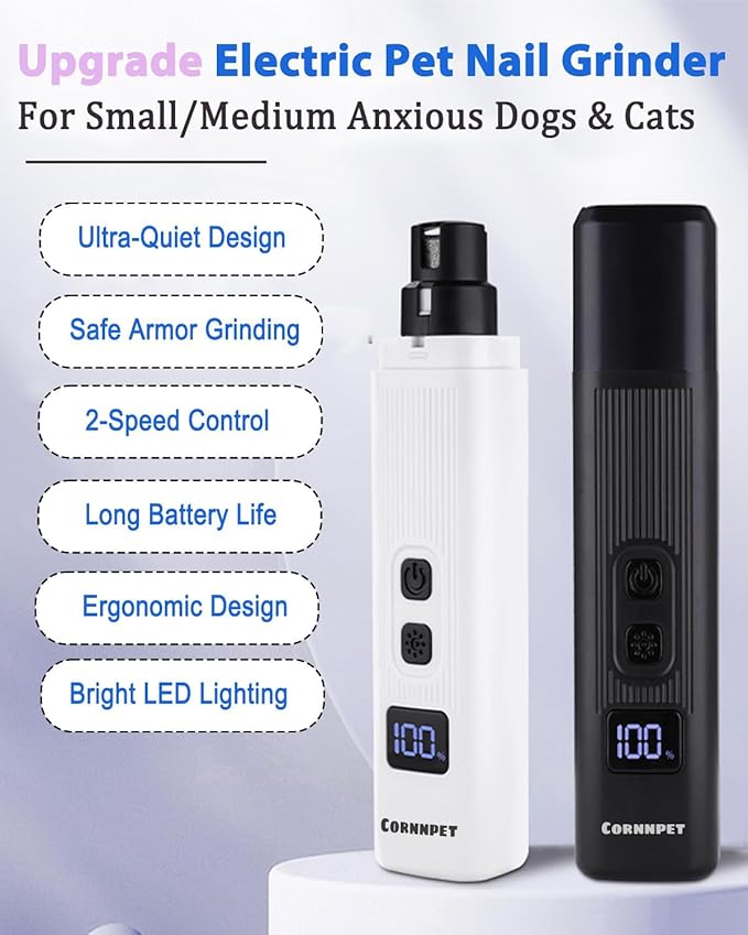 Electric Dog Nail Grinder with 2 Level LED Lights, 2 Speed Super Quiet and Low Vibration Rechargeable Pet Nail Grinder for Small Dogs and Cats - Black