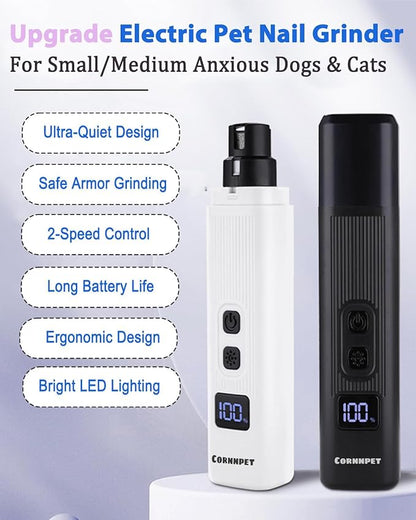 Electric Dog Nail Grinder with 2 Level LED Lights, 2 Speed Super Quiet and Low Vibration Rechargeable Pet Nail Grinder for Small Dogs and Cats - Black