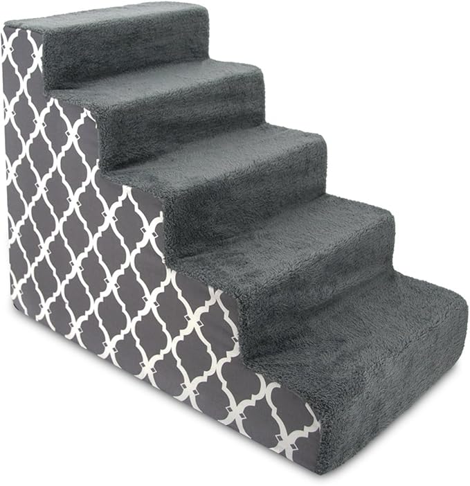 Best Pet Supplies Dog Stairs for Small Dogs & Cats, Foam Pet Steps Portable Ramp for Couch Sofa and High Bed Non-Slip Balanced Indoor Step Support, Paw Safe No Assembly - Gray Lattice Print, 5-Step