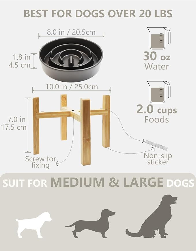 Ceramic Slow Feeder Dog Bowls Elevated, 2.0 Cups Slow Feeder for Medium Dogs, Puzzle Maze Bowl to Slow Down Eating, 30oz, 8in, Black