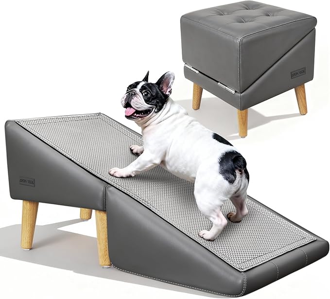 Dog Stairs for Small Dogs and Cats 16" H - with Encrypted Dot-Grip Non-Slip Surface, 2-in-1 Pet Ramp & Steps for Bed/Couch, Foldable Split Ottoman with Solid Wood Frame, Sturdy & Portable for Puppies