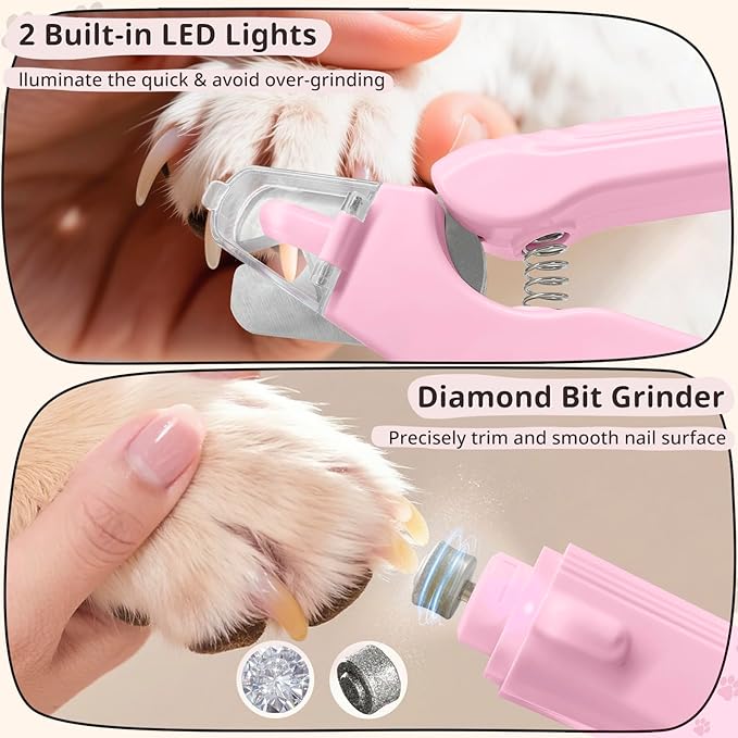 2-in-1 Dog Nail Trimmers & Dog Nail Grinder, Dog Nail Clippers with 2 LED Lights & Safety Guard, USB Rechargeable, Multiple Grinding Methods for Small, Medium, and Large Dogs & Cats (Pink)