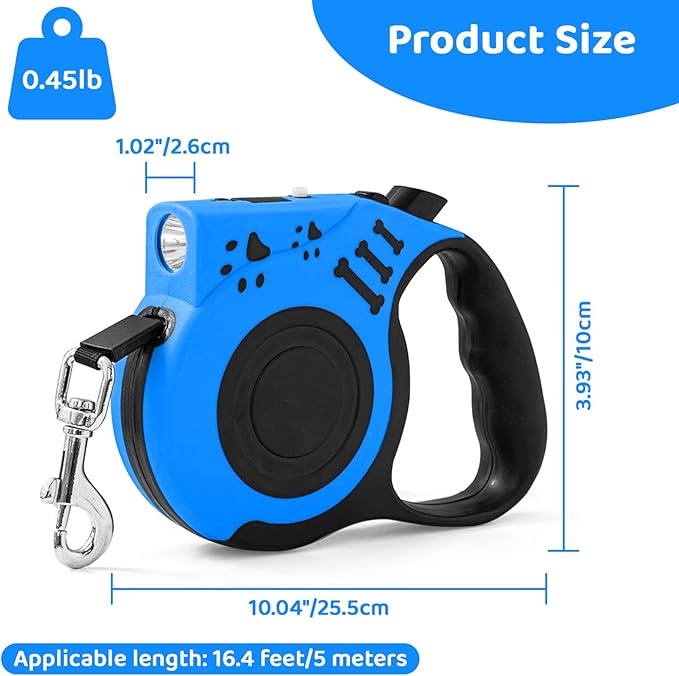 Retractable Dog Leash with USB Rechargeable Flashlight for Night Walks, 16FT Automatic Telescopic Tractor Dog Leash for Small and Medium Dogs, Light Blue