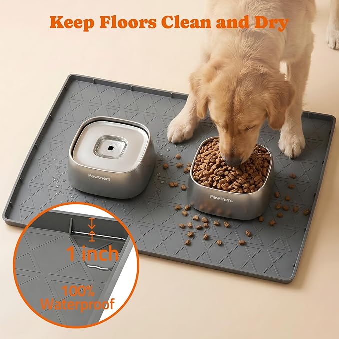 Large Silicone Dog Food Mat with Raised Edge, Waterproof Non-Slip Pet Feeding Mat for Floors, Dog Bowl Mat for Food and Water, Spill Proof Cat & Dog Feeding Placemat, Easy Clean, 34 x 22, Gray