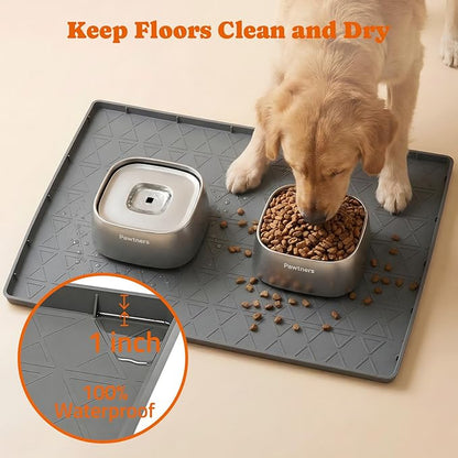 Large Silicone Dog Food Mat with Raised Edge, Waterproof Non-Slip Pet Feeding Mat for Floors, Dog Bowl Mat for Food and Water, Spill Proof Cat & Dog Feeding Placemat, Easy Clean, 34 x 22, Gray