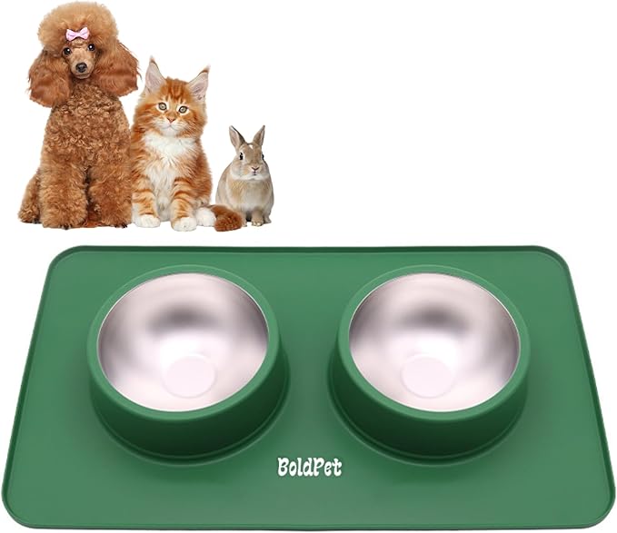 BoldPet® Dog Food and Water Bowl Set - Food Grade,Non-Slip Design Silicone Mat - Includes 2 Removable Stainless Steel Dog Bowls for Small Dogs - Perfect Puppy Bowls Set - Pet Bowls for Dogs and Cats