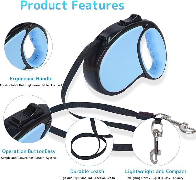 Retractable Dog Leash,16 Ft Dog Retractable Leash,with Anti Slip Handle,Strong Nylon Tape No Tangle,One Handed Brake,Pause,Lock,Suitable for Small and Medium Sized Dogs（Blue）