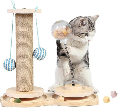 Marchul 4 in1 Interactive Cat Toy, Natural Sisal Cat Scratching Post with Hanging Balls, Cat Toys with Roller Track Ball by Wooden, Cat Food Feeder Toy with Treat Ball for Indoor Cats and Kittens
